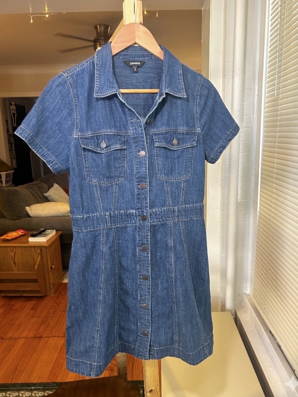 Express Short Sleeve Denim Utility Shirt Dress Blue Medium with Front Buttons